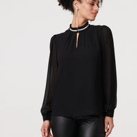 Sparkle Trim High Neck Semi Sheer Blouse