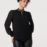 Sparkle Trim High Neck Semi Sheer Blouse