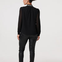 Sparkle Trim High Neck Semi Sheer Blouse