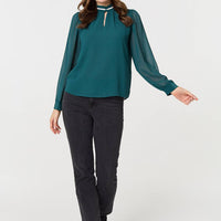 Sparkle Trim High Neck Semi Sheer Blouse