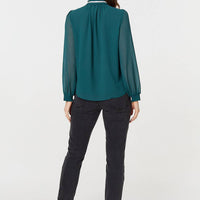 Sparkle Trim High Neck Semi Sheer Blouse