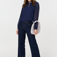 Sparkle Trim High Neck Semi Sheer Blouse