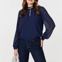 Sparkle Trim High Neck Semi Sheer Blouse