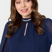 Sparkle Trim High Neck Semi Sheer Blouse