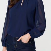 Sparkle Trim High Neck Semi Sheer Blouse