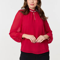 Sparkle Trim High Neck Semi Sheer Blouse