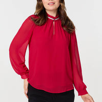 Sparkle Trim High Neck Semi Sheer Blouse