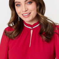 Sparkle Trim High Neck Semi Sheer Blouse