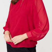Sparkle Trim High Neck Semi Sheer Blouse