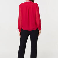 Sparkle Trim High Neck Semi Sheer Blouse
