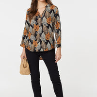 Leaf Print Turn-Up Sleeve Blouse