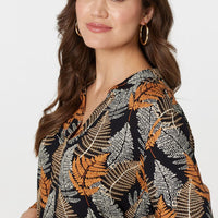 Leaf Print Turn-Up Sleeve Blouse