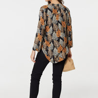 Leaf Print Turn-Up Sleeve Blouse