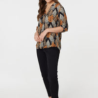 Leaf Print Turn-Up Sleeve Blouse