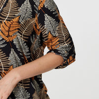 Leaf Print Turn-Up Sleeve Blouse