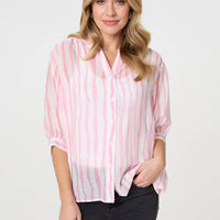 Striped Sheer 3/4 Sleeve Relaxed Shirt