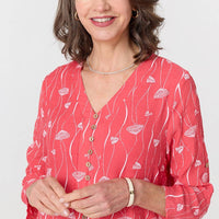 Printed Curve Hem V-Neck Tunic Blouse