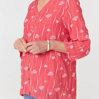 Printed Curve Hem V-Neck Tunic Blouse