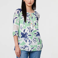 Leaf Print Lace Trim Bardot Blouse