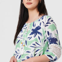 Leaf Print Lace Trim Bardot Blouse