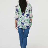 Leaf Print Lace Trim Bardot Blouse