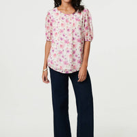 Floral 1/2 Sleeve Semi Sheer Blouse