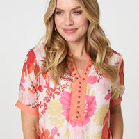 Floral Short Sleeve Stud Trim Blouse