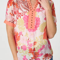 Floral Short Sleeve Stud Trim Blouse