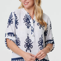 Ikat Print V-Neck 3/4 Sleeve Blouse