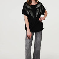 Sparkly Feather Print Relaxed T-Shirt