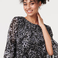Animal Print Sheer Pleated Blouse