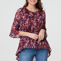 Printed Pleated 3/4 Sleeve Blouse