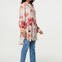 Floral Long Sleeve Longline Shirt Dress