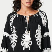 Ikat Print Tassel Tie Neck Blouse