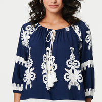 Ikat Print Tassel Tie Neck Blouse