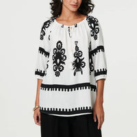 Ikat Print Tassel Tie Neck Blouse
