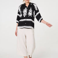 Ikat Print 3/4 Sleeve Relaxed Blouse