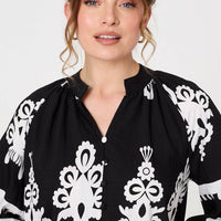 Ikat Print 3/4 Sleeve Relaxed Blouse