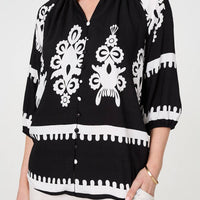 Ikat Print 3/4 Sleeve Relaxed Blouse
