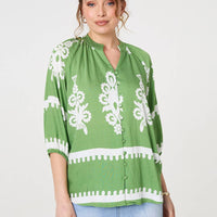 Ikat Print 3/4 Sleeve Relaxed Blouse
