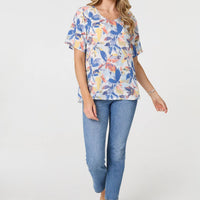 Leaf Print Relaxed Short Sleeve Blouse