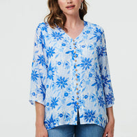 Floral Button Front Curve Hem Tunic