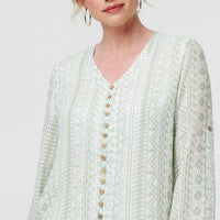 Printed Button Front Curve Hem Blouse