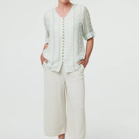 Printed Button Front Curve Hem Blouse