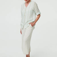 Printed Button Front Curve Hem Blouse