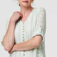 Printed Button Front Curve Hem Blouse