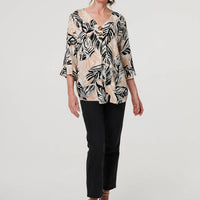 Leaf Print 3/4 Sleeve Button Trim Blouse