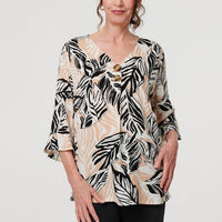 Leaf Print 3/4 Sleeve Button Trim Blouse