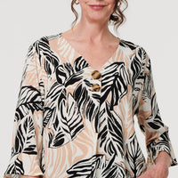 Leaf Print 3/4 Sleeve Button Trim Blouse