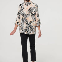 Leaf Print 3/4 Sleeve Button Trim Blouse